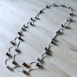 Elegant Blue Pearl and Silver Chain Long Necklace